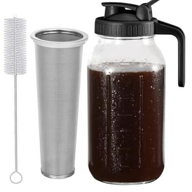 Imagem de Glyntrof Jarra para cafeteira Cold Brew, preta, 1,814 g, frasco de vidro de boca larga resistente, tampa com filtro de aço inoxidável para café gelado, bebidas geladas