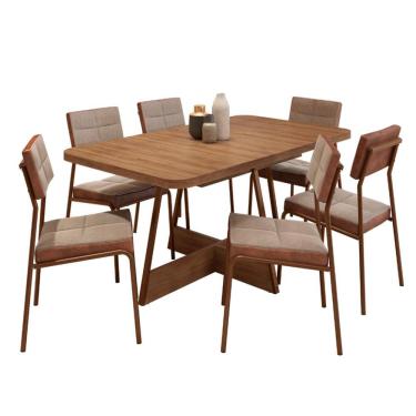 Imagem de Conjunto de Mesa Retangular com Tampo de MDP Nogal Átria e 6 Cadeiras Helena Revestimento Sintético Caramelo e Areia