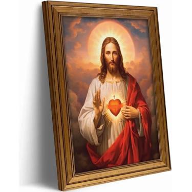Imagem de Arte de parede de Jesus emoldurado em ouro vintage Sagrado Coração de Jesus Impressões em tela Cristã Misericórdia Imagem Cristo Deus Retrato Crenças Religiosas Pintura Pôster Arte para Sala de Estar