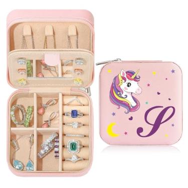 Imagem de Caixa de joias de viagem organizadora para presentes pequena fofa personalizada presente de aniversário natal para filha anel colar brinco caixa organizadora rosa letra A-Z