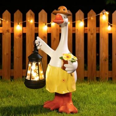 Imagem de WONDHOME Estátuas de ganso de alpendre, estátuas de jardim de ganso de cimento com lanterna, varanda frontal, gramado, jardim, decoração de arte, estatueta de pato, aniversário, Natal, presentes de