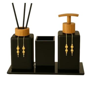 Imagem de Kit lavatório sabonete líquido com porta escovas e aromas ambientais com bandeja(Preto Total C/Prata)
