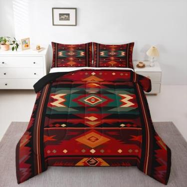 Imagem de jejeloiu Conjunto de edredom boêmio asteca, infantil, vermelho, casa de fazenda, estilo exótico, estilo exótico, tribal, nativo americano, para decoração de quarto