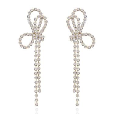 Imagem de Brincos de laço para mulheres, brincos de laço de ouro, brincos de pérola, brincos elegantes de pérola, brincos de fita de laço doce, brincos de noiva para casamento, Natal, joias, presentes, meias,