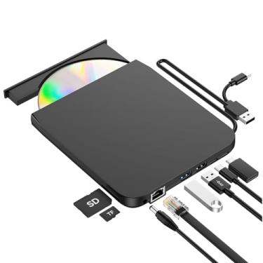 Imagem de ROOFULL Pro Unidade externa de CD/DVD, gravador de DVD USB 3.0 com adaptador Ethernet, hub USB e portas de cartão SD/TF, leitor de CD DVD e gravador de disco óptico para laptop, MacBook, PC, Windows