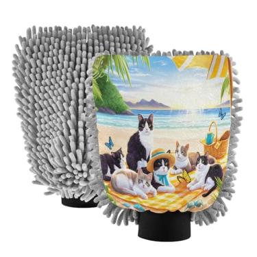 Imagem de STAYTOP Cena de praia com seis gatos, luvas de lavagem de carro, 2 peças, luvas de microfibra de chenille, sem arranhões, panos de esponja de lavagem ultra absorventes para carros, limpeza doméstica