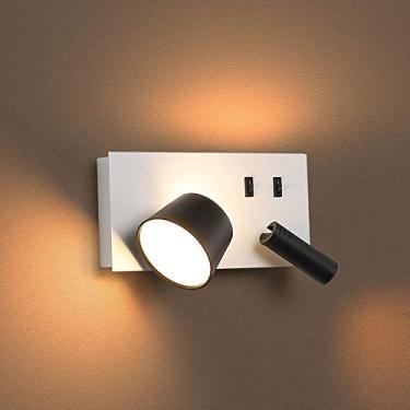 Imagem de Aplique de parede de cabeceira branco com rotação de 360°, 3 posições, luminária de parede LED luminosa com 2 interruptores, ajustável para leitura, 7W+3W, luminária de parede em alumínio.