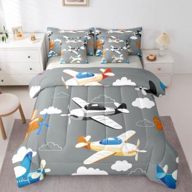 Imagem de Feelyou Jogo de edredom infantil com desenho animado de avião multicolorido, 7 peças, lençol com estampa de nuvem, cinza