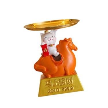 Imagem de Generic Bandeja Gato da Sorte Decoração de Mesa Porta-Chaves Decorativo Escultura Animal com Bandeja para Sala de Estar Armário de TV, Laranja