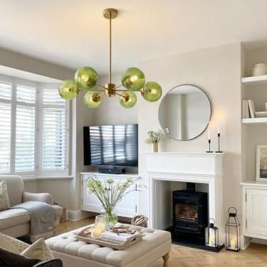 Imagem de Lustre moderno de 6 luzes para ilha de cozinha com cúpula de vidro verde, lustre Sputnik em latão escovado, decoração de interiores criativa, luminária pendente com esfera de bolhas, luminár