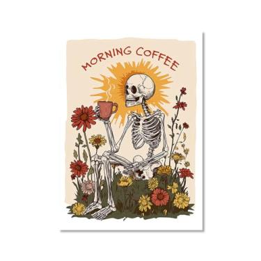 Imagem de Pôster vintage esqueleto manhã café engraçado caveira café arte de parede esqueleto gótico beber café arte para decoração de bar cozinha (SKU2,8x30,5 cm = (20x30 cm), sem moldura)