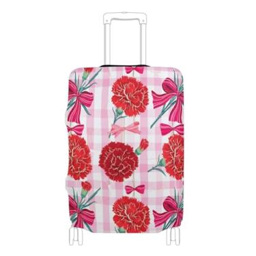 Imagem de Joisal Capas de mala rosa com laços florais vermelhos para protetores de bagagem, acessórios de viagem elásticos, P, serve para estojo de 45 a 50 cm, Laços florais de cravos vermelhos rosa, M 22-24 in