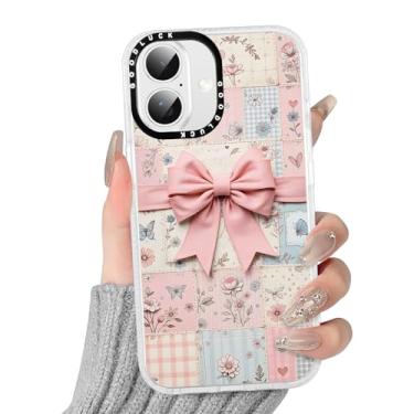 Imagem de FBHGLOA Capa de telefone para iPhone 16 de 6,1 polegadas, linda estética floral, design exclusivo de flores com laço rosa, requintado patchwork, à prova de choque, antiamarelamento, capa protetora
