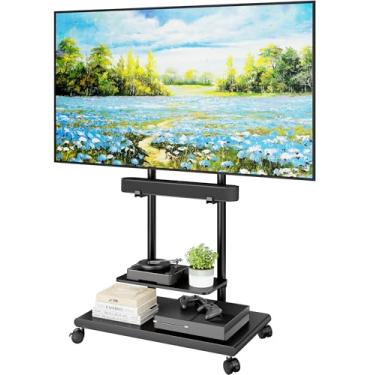 Imagem de ECOTINY Suporte de TV com base de aço com suporte de barra de som para TVs de 50 a 90 polegadas até 69,9 kg, suporte móvel giratório e inclinado com grande armazenamento, carrinho de TV resistente