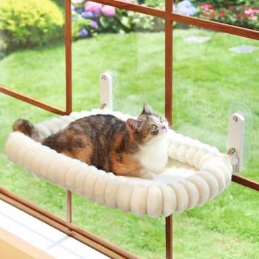 Imagem de Zakkart SnugCloud Poleiro dobrável para janela para gatos – Cama sem fio, ultra macia, lavável à máquina com reforço de 4 lados, moldura de metal – rede de janela para gatos grandes e gatinhos (branco