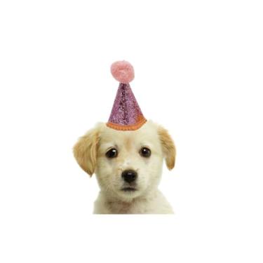 Imagem de Chapéu de Aniversário para Cachorro com Brilho e Pompom – Acessório Festivo Reutilizável(ROSA)