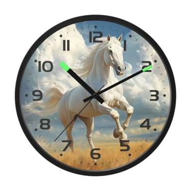 Imagem de SEHANY Relógio de parede artístico majestoso cavalos silencioso, sem tique-taque, relógio redondo operado por bateria, controle de som, luz noturna, relógios de parede para sala de estar, cozinha