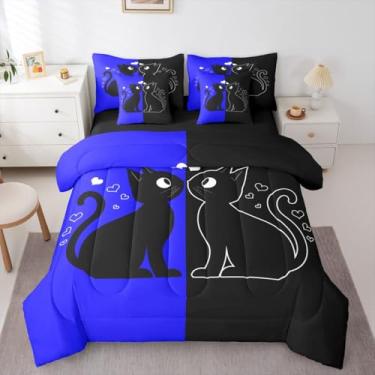 Imagem de Conjunto de edredom queen com gato preto fofo (azul marinho e preto) | Jogo de cama com gatos românticos para o dia dos namorados, 7 peças, conjunto de edredom kawaii com coração vermelho