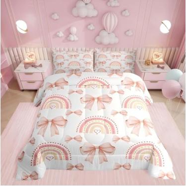 Imagem de Erosebridal Jogo de cama com laço arco-íris para adolescentes, mulheres, estilo princesa sonhadora, tamanho Queen, edredom romântico para o dia dos namorados, gravata borboleta geométrica em forma de