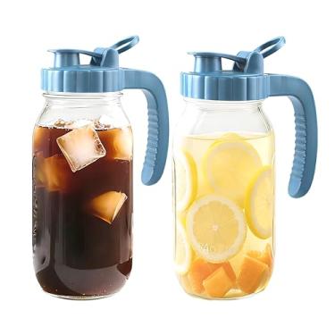 Imagem de Jarra de vidro de 1,8 l com tampa, conjunto de 2 jarras de vidro de 1,8 litro de boca larga, jarra de água fria e quente de 2 litros, para exterior, para geladeira, limonada, bebidas, leite, suco