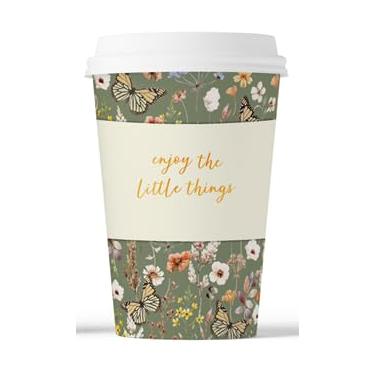 Imagem de FYSUIMU Xícaras de café descartáveis florais de primavera com tampas e mangas 473 ml Copos de papel borboleta de flor para levar xícara de café para recepção de casamento chá de bebê suprimentos de