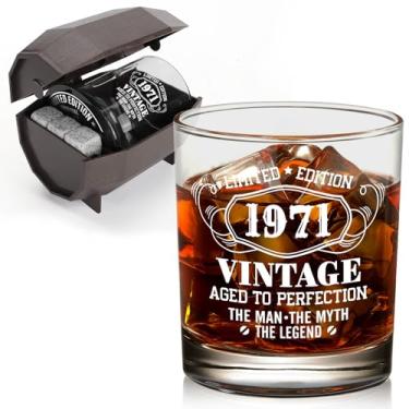 Imagem de WelDesine Presentes de aniversário de 55 anos para homens, conjunto de copos de uísque vintage 1970 em caixa de barril, ideias de presente de 55 anos para ele, marido, pai, vidro de rocha para
