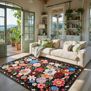 Imagem de Tapete de área, 10 x 15 cm, lavável, antiderrapante, camada baixa, floral, pequeno tapete para quarto, cabeceira, quarto de crianças, escritório, sala de jantar (jardim preto, 10 x 15)