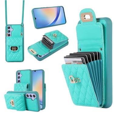 Imagem de Capa carteira para Samsung Galaxy S25 Plus com 6 compartimentos para cartão, trava de metal, suporte, capa protetora antiqueda, alça de pulso ajustável – couro sintético durável e design de TPU (verde