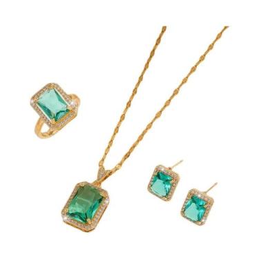 Imagem de Conjunto De Joias De Luxo Em Zircônia Brincos Quadrados Anéis Colares 