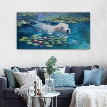 Imagem de Arte de parede Dog Monet com - Arte de parede em tela grande para quarto - Decoração de imagens de paisagem emoldurada - Arte vintage clássica para sala de estar, quarto ou escritório, decoração de