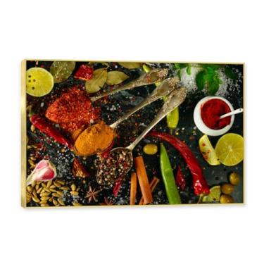Imagem de Moldura dourada. Arte de parede em tela de especiarias coloridas e colher de tempero | Decoração de cozinha vintage | Arte moderna para casa e sala de jantar. C120. 30x45cm-11,8x17,7 pol