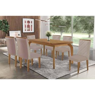 Imagem de Sala Jantar Mesa Londrina Tampo Curvo 180cm+6 Cadeiras Pietá Madeira Naturale - Capuccino/Suede Capuccino - Rufato