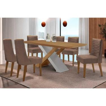 Imagem de Sala Jantar Mesa Imperatriz Tampo Curvo 180cm+6 Cadeiras Maldivas Madeira Naturale/Off White - Capuccino/Corano Capuccino - Rufato
