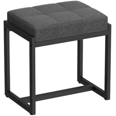 Imagem de FLYZC Banqueta de toucador, banquetas para sala de maquiagem, banquinho quadrado de linho para penteadeira, moderno acolchoado pequeno descanso de pé para quarto, sala de estar, cinza escuro e preto