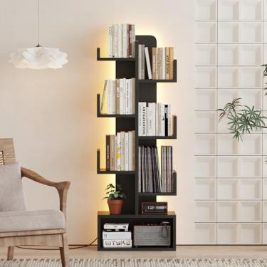 Imagem de Qupui Estante de livros de 6 camadas com luzes LED, estante de livros de canto clássica para crianças, armazenamento de livros de madeira alta para quarto, sala de estar, escritório em casa