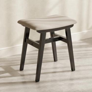 Imagem de Muwuele Banqueta de madeira maciça, cadeira de maquiagem compacta com almofada de sela, assento de esponja de alto rebote coberto de linho, apoio de pé de fácil montagem para quarto, entrada, casa