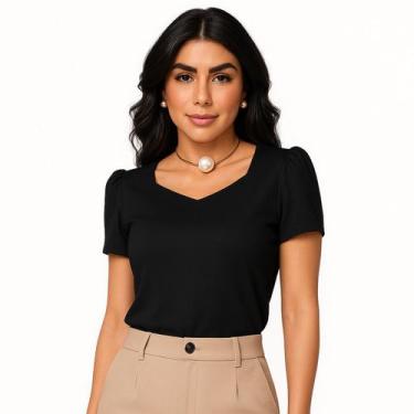 Imagem de Blusa Social Feminina Manga Curta Bufante Decote Princesa Crepe Elegan