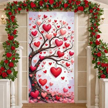 Imagem de Feliz Dia dos Namorados Capa para Porta de Dia dos Namorados Decorações de Porta da Frente Rosa Vermelho Coração Árvore Banner Dia dos Namorados Suprimentos de Festa Adereços de Cabine de Fotos