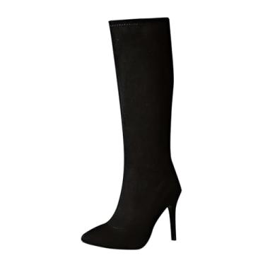 Imagem de Botas de cano alto femininas casuais estilo inverno bico fino com zíper traseiro e design fino de salto alto reto na panturrilha, Preto, 34
