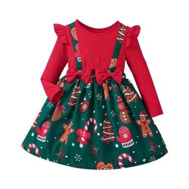 Imagem de Vestido De Natal Vermelho Para Meninas Com Manga Longa E Estampa De De