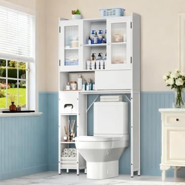 Imagem de Armário de armazenamento sobre o vaso sanitário – organizador de banheiro com portas deslizantes, prateleiras ajustáveis e suporte de papel higiênico, rack de banheiro que economiza ritmo para