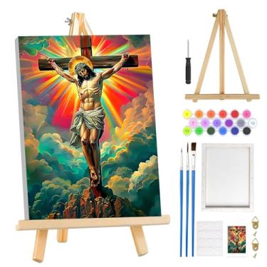 Imagem de MOGTAA Kit de pintura de páscoa por números para adultos iniciantes com moldura, cruz de Jesus kits de pintura por números em tela com cavalete, kits de pintura a óleo DIY fáceis para decoração de
