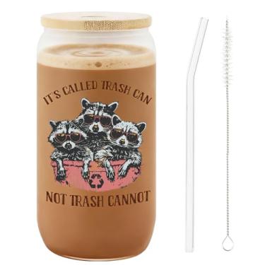 Imagem de AFRITEE Copos de café presente para mulheres - Copo de vidro engraçado de guaxinim de 473 ml com tampas de escova de limpeza e canudo, copo de água divertido para decoração de cozinha, escritório