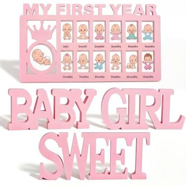 Imagem de AceOrbit Pacote com 1 porta-retrato My First Year com 3 letras de madeira em pé para chá de bebê, 12 registros mensais de crescimento para decoração de mesa de festa de aniversário, decoração de mesa