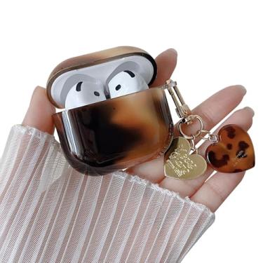 Imagem de MINSCOSE Capa fofa transparente para AirPods 4, design vintage legal de tartaruga com chaveiro moderno em forma de coração capa protetora de TPU macio para AirPods 4 - marrom