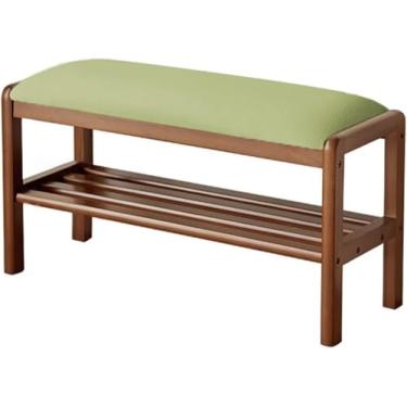 Imagem de Banco de madeira maciça com prateleira de armazenamento, sapateira para porta da frente, organizador de sapatos pequeno para entrada, sala de estar, corredor (verde, 80 cm)