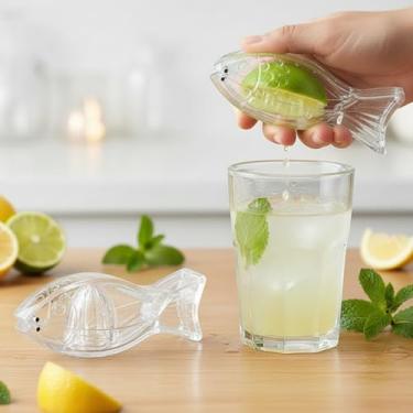 Imagem de Espremedor de limão manual, conjunto de espremedores de frutas de acrílico com 2 peças - design transparente de peixe pequeno para limão, laranja, romã | Gadget de cozinha portátil e fácil de limpar
