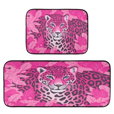 Imagem de xigua Conjunto de 2 peças de tapetes e tapetes de cozinha rosa leopardo absorventes macios para o chão, tapete de cozinha, antiderrapante, conjunto de capachos, 50 x 120 cm + 50 x 70 cm