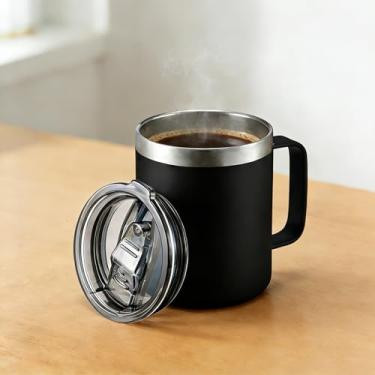 Imagem de Caneca de café isolada de aço inoxidável de 340 g com alça, caneca de viagem a vácuo de parede dupla, copo copo com tampa deslizante, preta