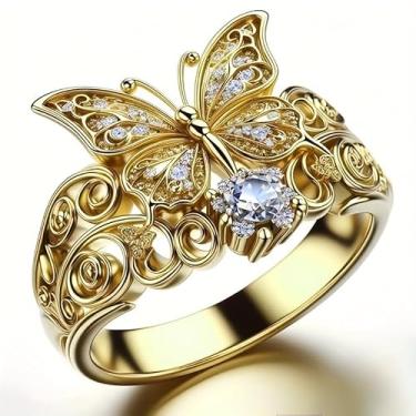 Imagem de Conjunto de anéis retrô e elegante com padrão de borboleta com zircônia sintética brilhante. É um anel de flor retrô leve e luxuoso, uma bela peça de joia para férias diárias femininas, um presente de